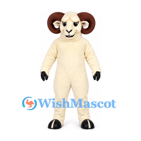 Ram Mascot Costume in Cream with Brown Curled Horns
