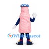 Smoothie Bottle Mascot Costume in Pink with Fruit Print and Blue Cap