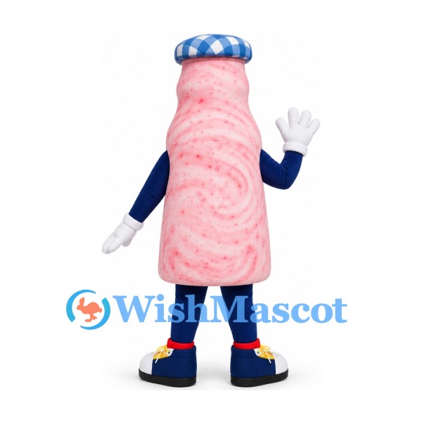 Smoothie Bottle Mascot Costume in Pink with Fruit Print and Blue Cap