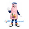 Smoothie Bottle Mascot Costume in Pink with Fruit Print and Blue Cap