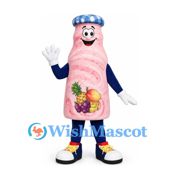Smoothie Bottle Mascot Costume in Pink with Fruit Print and Blue Cap
