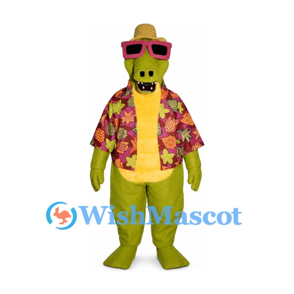 Crocodile Mascot Costume with Floral Shirt and Pink Sunglasses