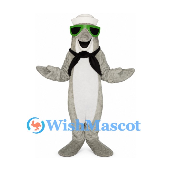 Dolphin Sailor Mascot Costume with White Cap and Green Sunglasses