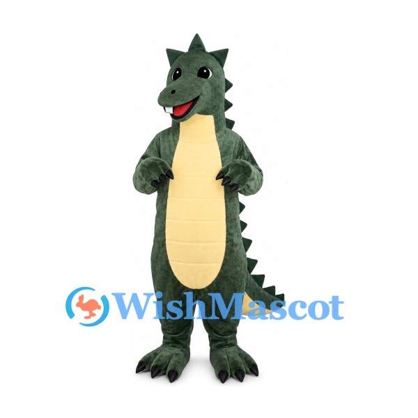 Dragon Mascot Costume in Dark Green with Yellow Belly and Head Spikes