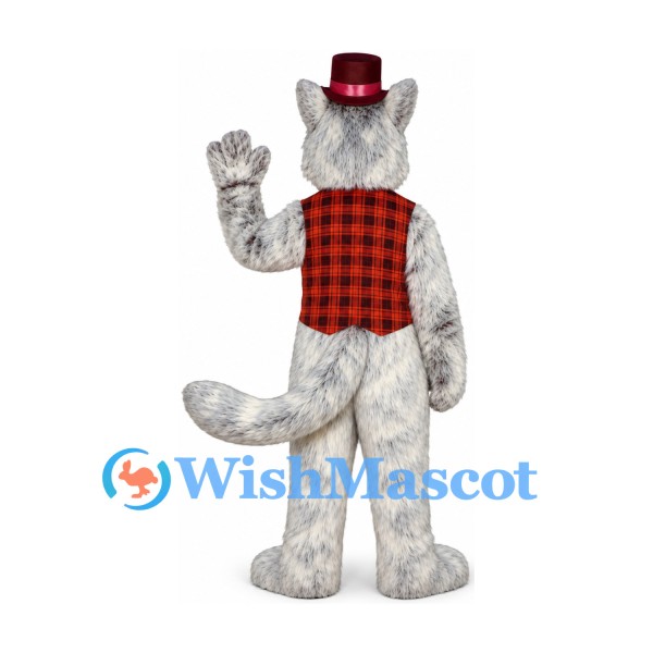 Cat Mascot Costume in Gray with Red Plaid Vest and Top Hat