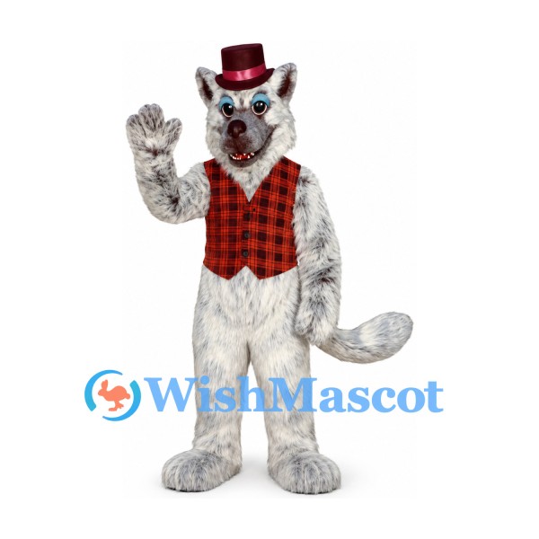 Cat Mascot Costume in Gray with Red Plaid Vest and Top Hat