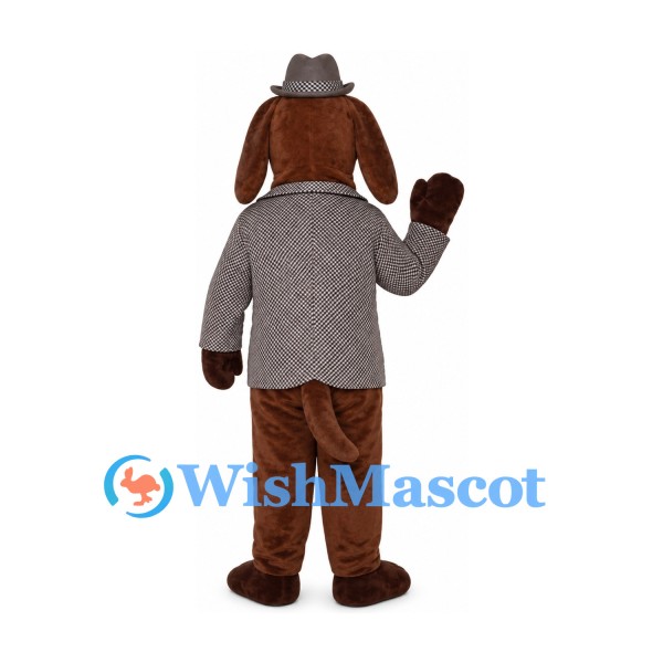 Basset Hound Mascot Costume with Gray Jacket and Brown Fedora