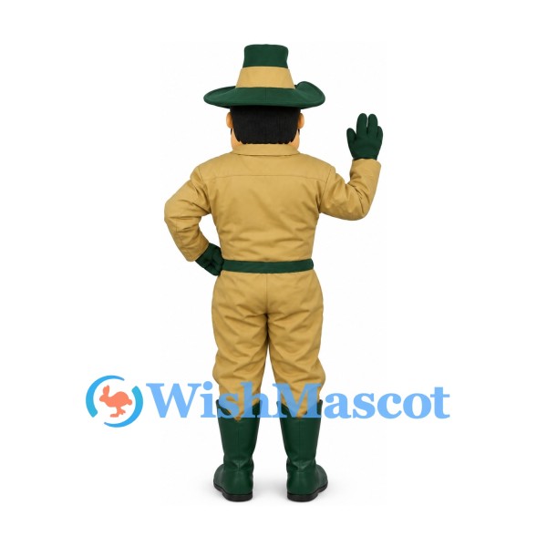Explorer Mascot Costume with Tan Uniform and Green Hat
