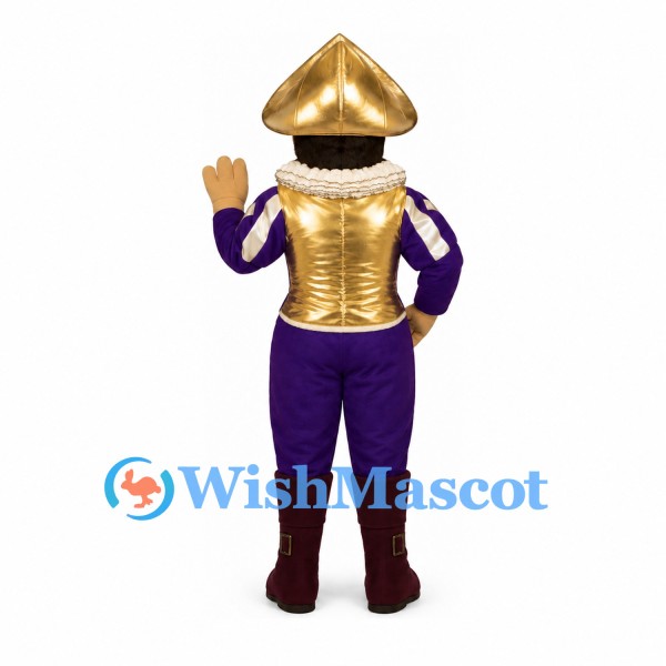 Armored Soldier Mascot Costume with Gold Helmet and Purple Outfit