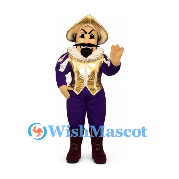 Armored Soldier Mascot Costume with Gold Helmet and Purple Outfit