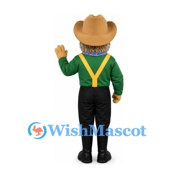 Cowboy Mascot Costume with Tan Hat and Green Shirt