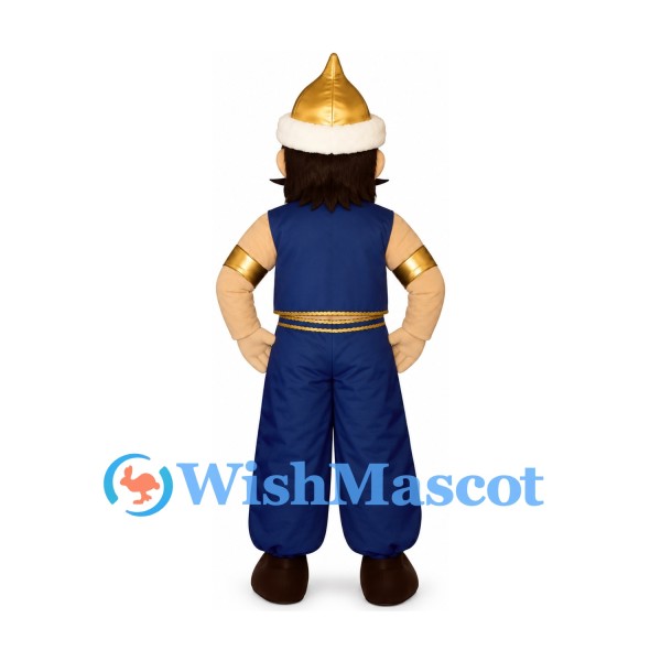 Warrior Mascot Costume with Gold Helmet and Blue Outfit