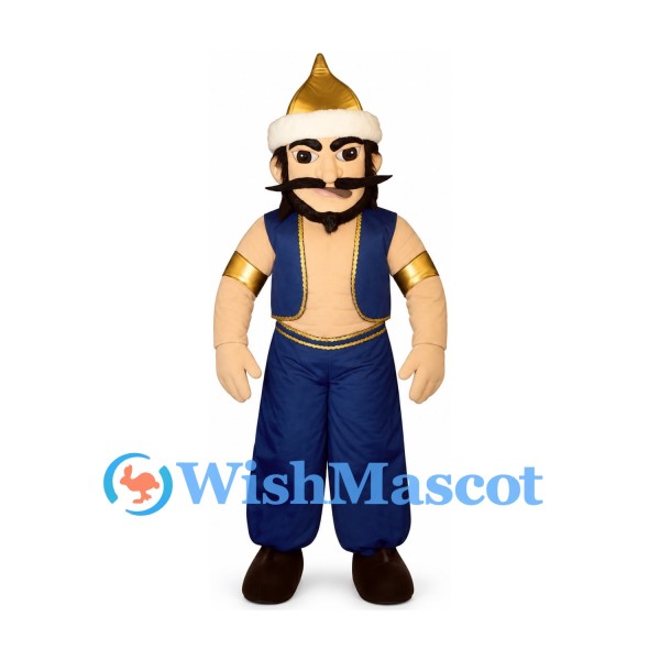 Warrior Mascot Costume with Gold Helmet and Blue Outfit