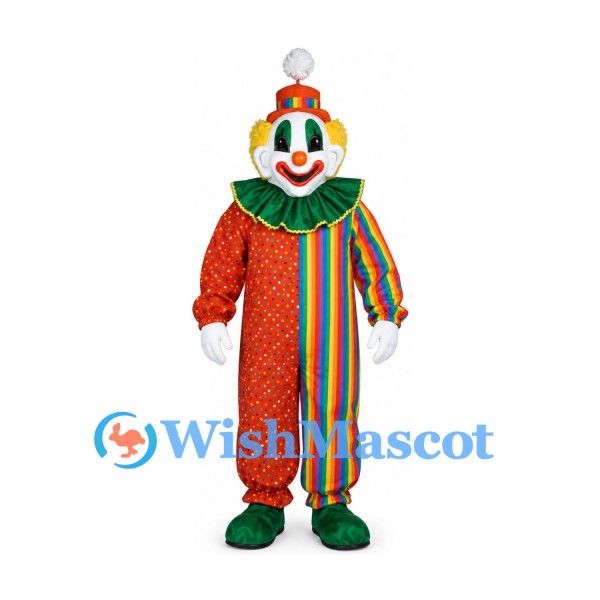 Clown Mascot Costume with Colorful Striped Suit and Green Collar