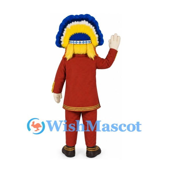 Dancer Mascot Costume with Red Outfit and Blue Yellow Feather Headdress
