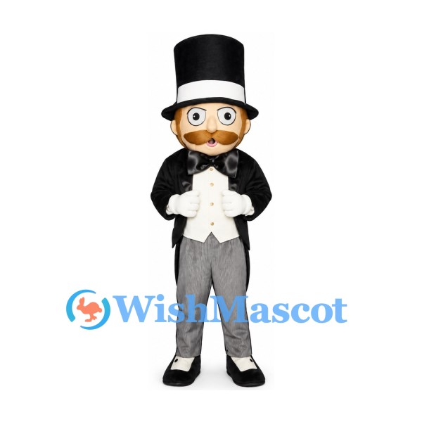 Gentleman Mascot Costume with Black Tailcoat and Tall Top Hat