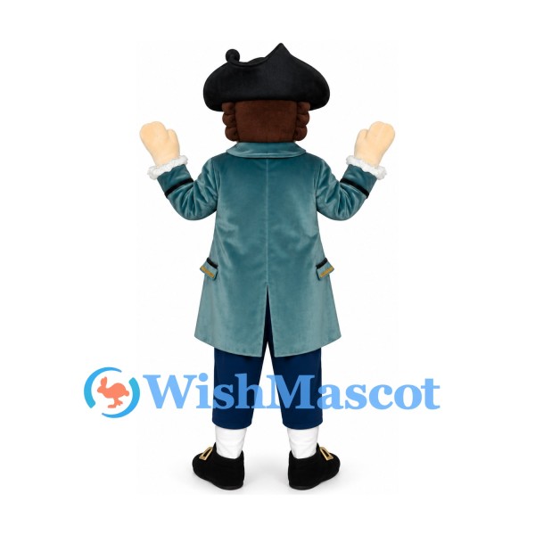Colonial Gentleman Mascot Costume with Teal Coat and Tricorn Hat