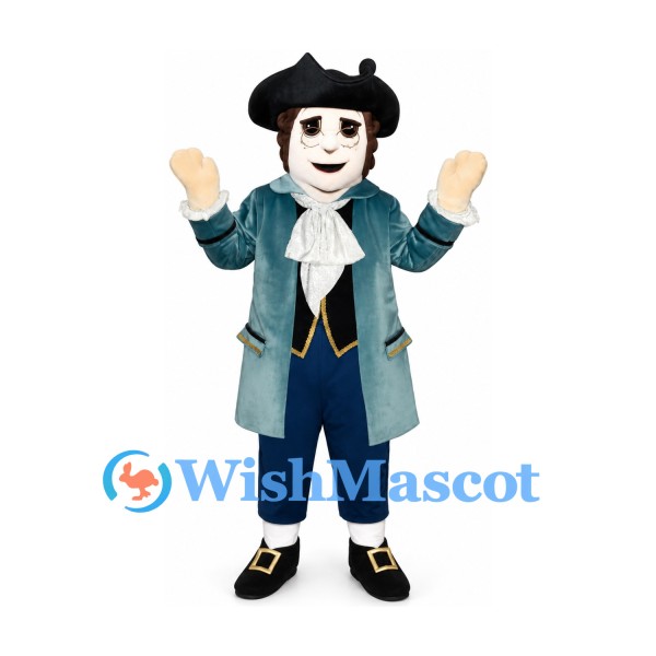 Colonial Gentleman Mascot Costume with Teal Coat and Tricorn Hat