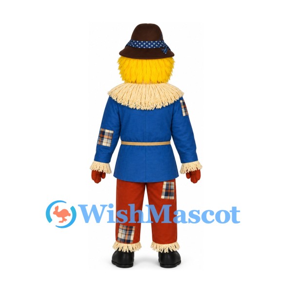 Scarecrow Mascot Costume with Blue Jacket and Patched Pants