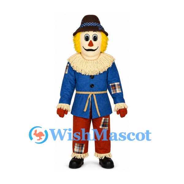 Scarecrow Mascot Costume with Blue Jacket and Patched Pants