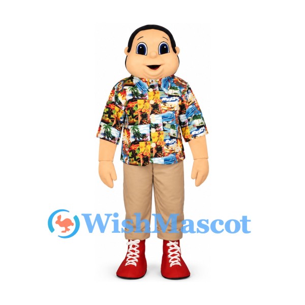 Man Mascot Costume with Colorful Shirt and Tan Pants