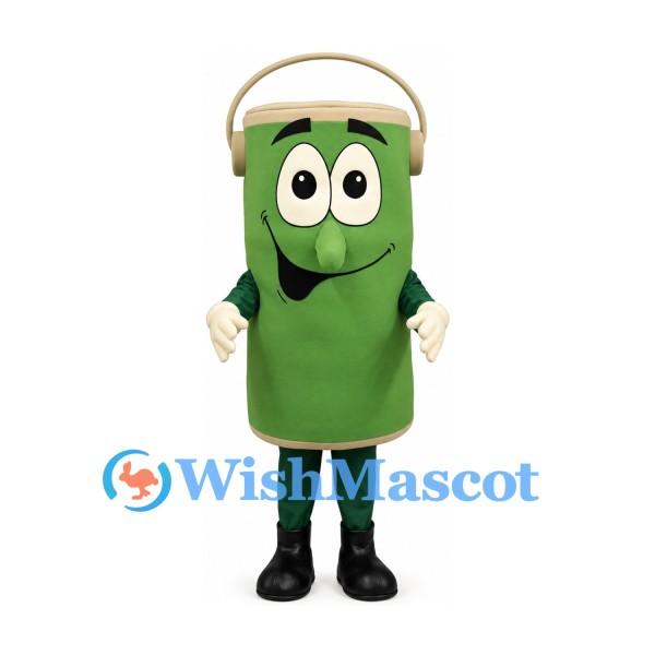 Bucket Mascot Costume in Green with Smiling Face