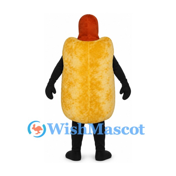 Hot Dog Mascot Costume with Yellow Mustard and Textured Bun