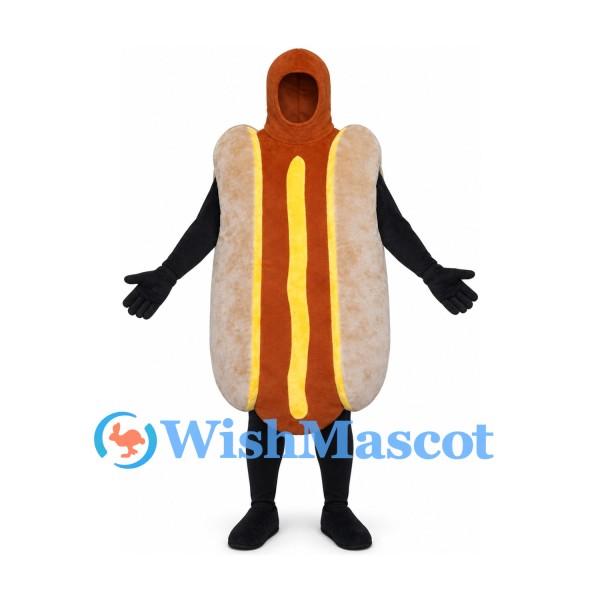 Hot Dog Mascot Costume with Red and Yellow Condiment Stripes