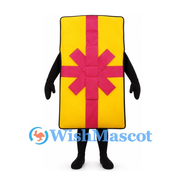 Gift Box Mascot Costume in Yellow with Pink Ribbon