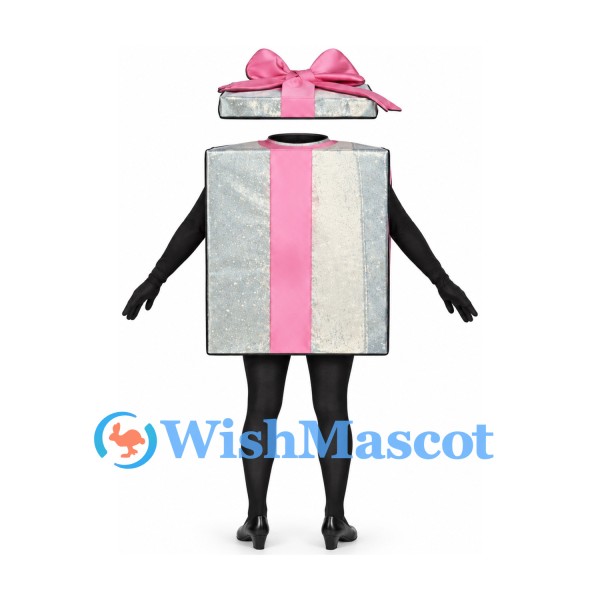 Gift Box Mascot Costume in Silver with Pink Bow