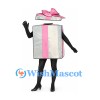 Gift Box Mascot Costume in Silver with Pink Bow