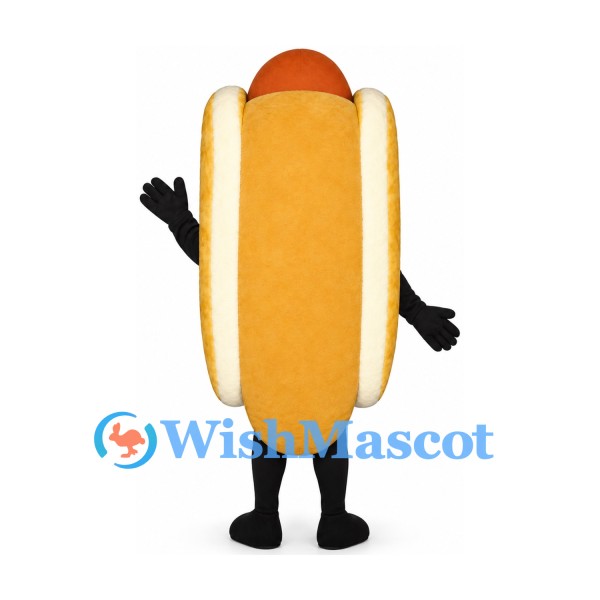 Hot Dog Mascot Costume with Smiling Sausage and Golden Bun