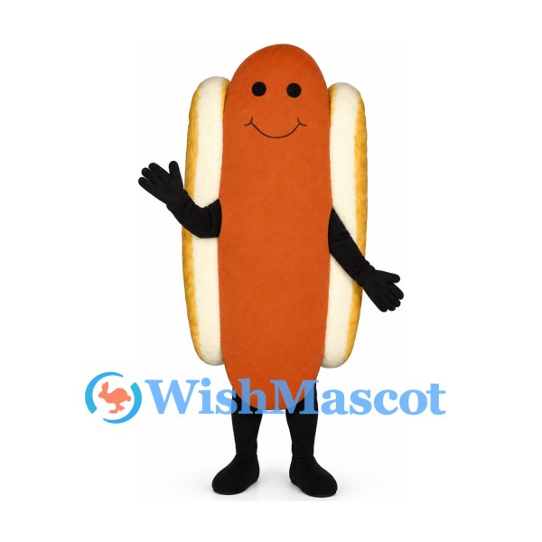 Hot Dog Mascot Costume with Smiling Sausage and Golden Bun