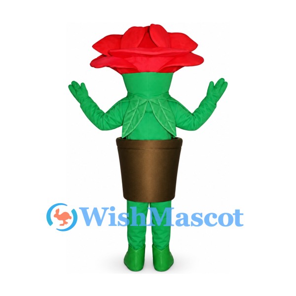 Rose Mascot Costume with Red Petals and Brown Flowerpot