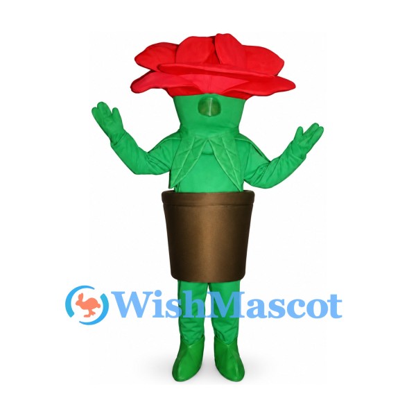 Rose Mascot Costume with Red Petals and Brown Flowerpot