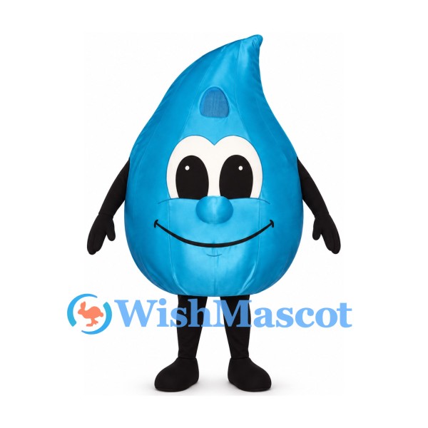 Water Drop Mascot Costume in Blue with Smiling Face