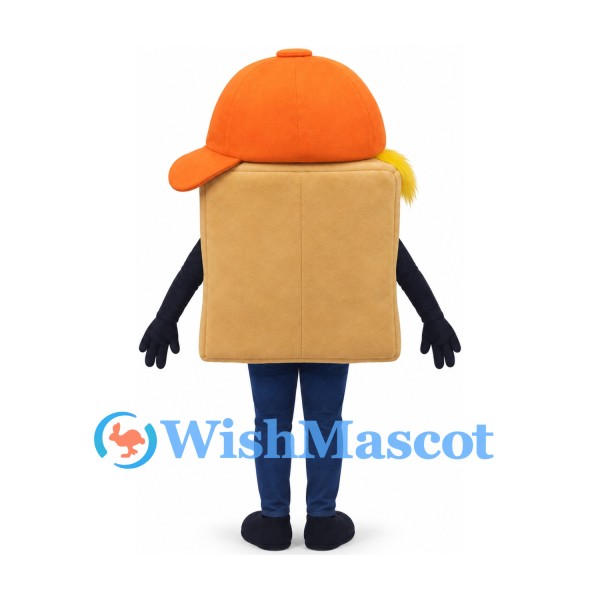 Cardboard Box Mascot Costume with Orange Cap and Smiling Face