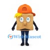 Cardboard Box Mascot Costume with Orange Cap and Smiling Face