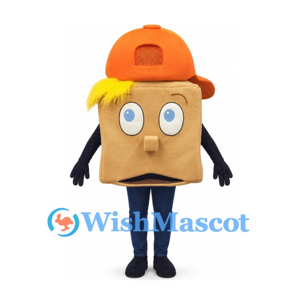 Cardboard Box Mascot Costume with Orange Cap and Smiling Face
