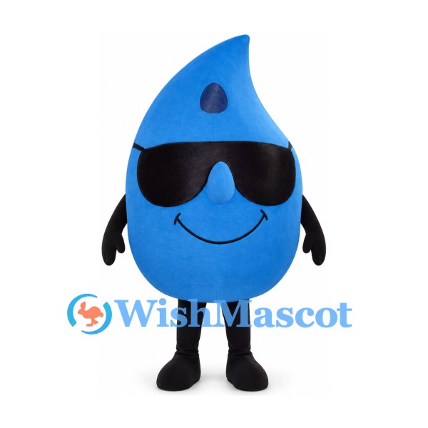 Water Drop Mascot Costume in Blue with Black Sunglasses