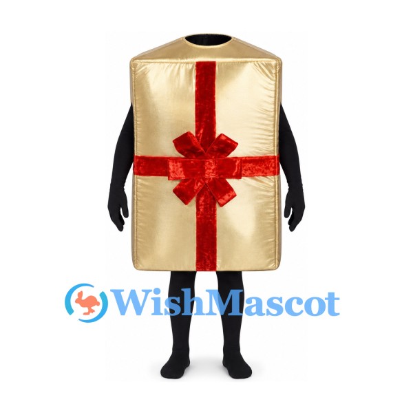 Gift Box Mascot Costume in Gold with Red Ribbon