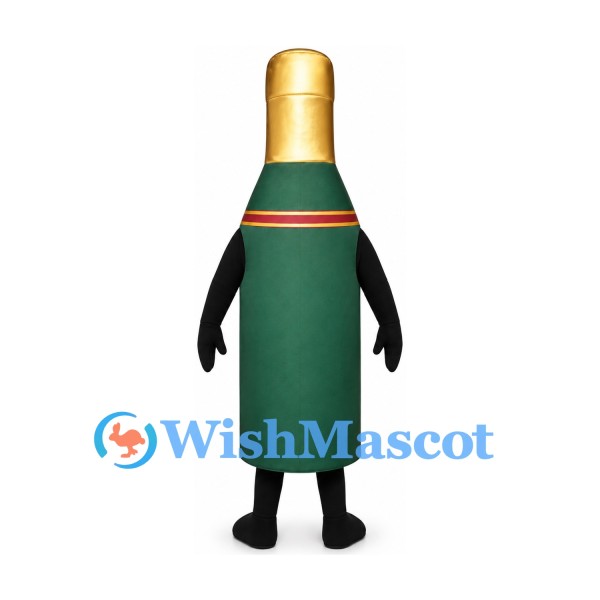 Champagne Bottle Mascot Costume in Green with Gold Neck