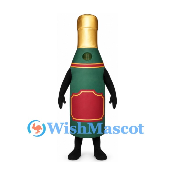 Champagne Bottle Mascot Costume in Green with Gold Neck
