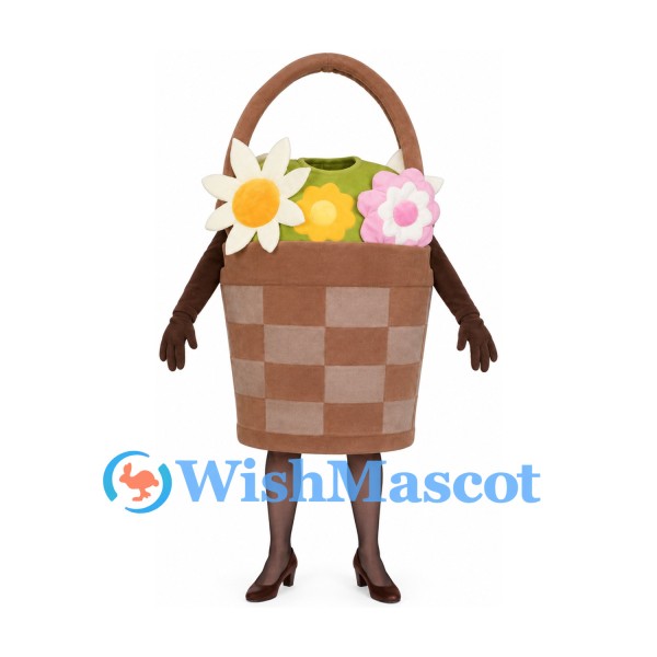 Flower Basket Mascot Costume with Checked Body and Colorful Flowers