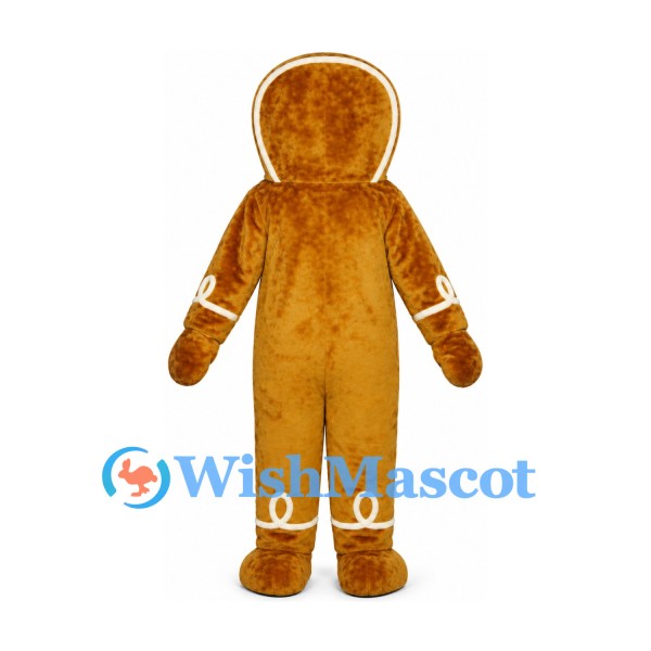 Gingerbread Man Mascot Costume with Blue Bow and White Icing Trim