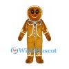 Gingerbread Man Mascot Costume with Blue Bow and White Icing Trim