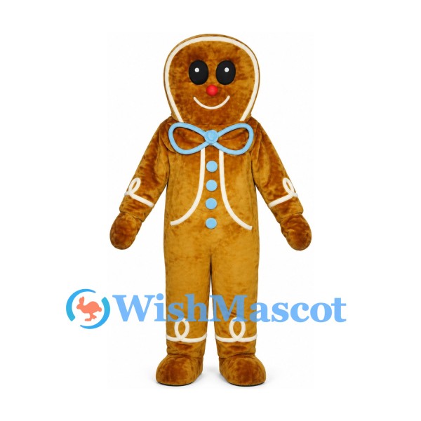 Gingerbread Man Mascot Costume with Blue Bow and White Icing Trim