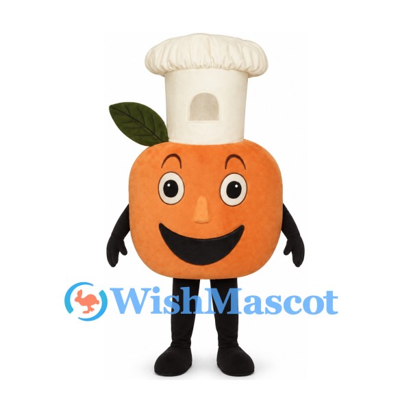 Orange Chef Mascot Costume with White Hat and Green Leaf