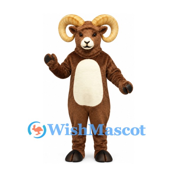 Ram Mascot Costume in Brown with Cream Horns and Belly
