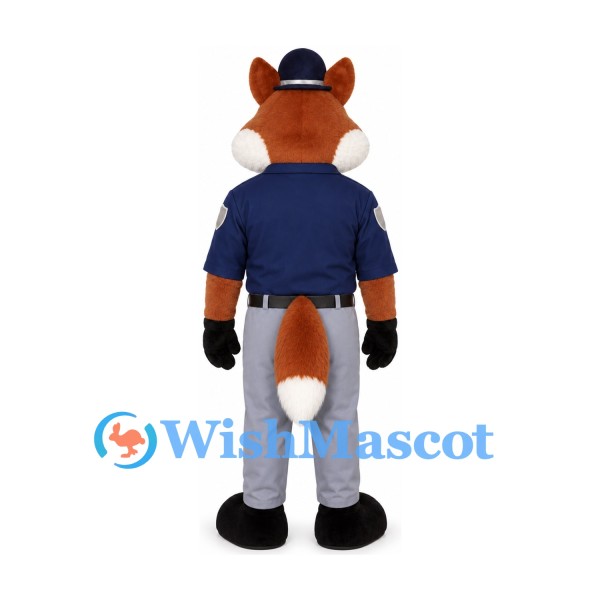 Fox Officer Mascot Costume with Navy Uniform and Gray Pants
